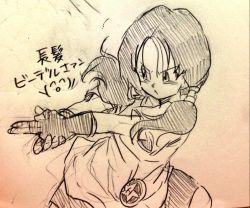 Rule 34 | 1girl, dragon ball, dragonball z, frown, gloves, long hair, looking away, monochrome, open mouth, outstretched hand, pointing, shirt, simple background, solo, solo focus, tkgsize, translation request, twintails, videl, white shirt