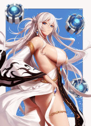 Rule 34 | 1girl, absurdres, ass, bare shoulders, black panties, blue eyes, border, breasts, closed mouth, detached sleeves, dress, dungeon and fighter, earrings, female gunner (dungeon and fighter), half updo, highres, jewelry, large breasts, long hair, monaim, panties, sideboob, silver hair, thighlet, thighs, underwear, very long hair, white border, white dress, wide sleeves