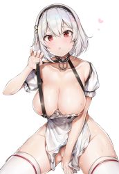 Rule 34 | 1girl, absurdres, anchor choker, azur lane, bad id, bad twitter id, blush, breasts, choker, cleavage, collarbone, dress, hair between eyes, hairband, highres, lace-trimmed hairband, lace trim, large breasts, looking at viewer, no panties, open mouth, puffy short sleeves, puffy sleeves, red eyes, short hair, short sleeves, simple background, sirius (azur lane), solo, strap pull, thighhighs, thighs, white background, white dress, white hair, white thighhighs, yayoichi (yoruyoru108)