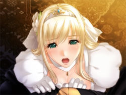 Rule 34 | 1boy, 1girl, blonde hair, blush, crown, dress, game cg, gloves, green eyes, hime to boin, jewelry, lowres, necklace, open mouth, princess juliette, sano toshihide, tears, tiara, veil
