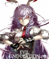 Rule 34 | 1girl, animal ears, black gloves, closed mouth, collared shirt, english text, finger on trigger, fingerless gloves, fujinohara akihira, gloves, gun, holding, holding gun, holding weapon, light smile, long hair, looking at viewer, lunatic gun, necktie, purple hair, rabbit ears, red eyes, red necktie, reisen udongein inaba, shaded face, shirt, short sleeves, simple background, sketch, smile, solo, touhou, upper body, very long hair, weapon, white background, white shirt, wing collar