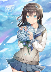 Rule 34 | 1girl, bad id, bad pixiv id, black hair, blue eyes, blue flower, blue neckerchief, blue sailor collar, blue skirt, blush, braid, brown sweater, commentary request, flower, hair between eyes, hands up, highres, holding, holding flower, hydrangea, kurata rine, long hair, long sleeves, looking at viewer, neckerchief, original, parted lips, petals, pleated skirt, sailor collar, skirt, solo, sweater, wet