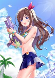 Rule 34 | 1girl, :d, absurdres, bikini, blue skirt, blue sky, blush, brown hair, cloud, day, esuorder, hair between eyes, hair ornament, hair ribbon, highres, holding, holding water gun, hololive, neckerchief, open mouth, outdoors, palm tree, pleated skirt, ribbon, sailor collar, skirt, sky, smile, solo, star (symbol), star hair ornament, striped neckerchief, swimsuit, tokino sora, tokino sora (hololive summer 2019), tree, virtual youtuber, water gun, white bikini, white sailor collar