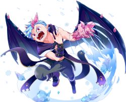 Rule 34 | 1boy, blue hair, character request, copyright request, crystal, dragon wings, full body, ice, male focus, open mouth, pants, pointy ears, red eyes, shikushiku (amamori weekly), snowflakes, solo, transparent background, wings