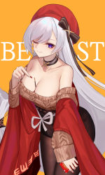 Rule 34 | 1girl, ;), aran sweater, arm support, arm under breasts, azur lane, belfast (azur lane), belfast (shopping with the head maid) (azur lane), beret, black skirt, blush, breast hold, breasts, brown sweater, cable knit, character name, choker, cleavage, collarbone, earrings, eternity (pixiv8012826), food, hand up, hat, high-waist skirt, highres, holding, holding food, hoop earrings, jewelry, large breasts, leaning forward, long hair, looking at viewer, mouth hold, nail polish, off-shoulder sweater, off shoulder, one eye closed, pocky, pointing, silver hair, skirt, smile, solo, sweater