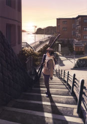 Rule 34 | 1girl, absurdres, building, coat, highres, ichinose mio, image sample, landscape, pantyhose, power lines, railing, railroad tracks, scarf, stairs, stone wall, sunset, wall, white breath