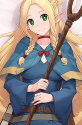 Rule 34 | 1girl, belt, blonde hair, blue capelet, blue robe, braid, breasts, capelet, choker, commentary, crown braid, dakimakura (medium), dungeon meshi, elf, english commentary, green eyes, highres, holding, holding staff, iwbitu, large breasts, long hair, long sleeves, looking at viewer, lying, marcille donato, on back, pointy ears, red choker, robe, smile, solo, staff, twin braids, upper body, very long hair, wide sleeves