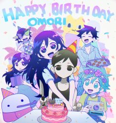 Rule 34 | :d, ^ ^, aubrey (headspace) (omori), aubrey (omori), basil (headspace) (omori), basil (omori), birthday, birthday cake, black eyes, black hair, black shirt, black tank top, blue dress, blue overalls, blue pajamas, blue shirt, bow, box, bright pupils, buttons, cake, camera, cat, character name, character request, closed eyes, collarbone, collared shirt, commentary request, confetti, cookie, covered eyes, dress, flower, flower wreath, food, fruit, g tsurius, gift, gift box, green eyes, green hair, hair between eyes, hair bow, hand up, hands up, happy, happy birthday, hat, head wreath, heart, hero (headspace) (omori), hero (omori), highres, holding, holding camera, holding gift, holding knife, holding tray, hug, hug from behind, kel (headspace) (omori), kel (omori), kitchen knife, knife, leaf, long hair, looking at another, looking at viewer, mari (headspace) (omori), mari (omori), multicolored shirt, omori, omori (omori), open clothes, open mouth, oven mitts, overalls, pajamas, party hat, party horn, pink flower, plant, potted plant, purple bow, purple eyes, purple flower, shirt, short hair, short sleeves, sleeveless, sleeveless shirt, smile, star (symbol), strawberry, striped clothes, striped pajamas, table, tank top, tray, white pupils, wing collar