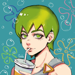 Rule 34 | 1girl, absurdres, bubble, cup, drinking, drinking straw, foo fighters (jojo), green eyes, green hair, highres, jojo no kimyou na bouken, looking at viewer, portrait, short hair, signature, smile, solo, staryoruu, stone ocean