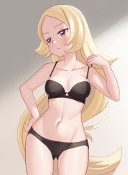 Rule 34 | 1girl, aged down, black bra, black panties, blonde hair, blush, bra, breasts, closed mouth, collarbone, commentary request, creatures (company), cynthia (pokemon), eyelashes, frown, game freak, gazing eye, grey eyes, hand on own hip, hand up, highres, long hair, navel, nintendo, panties, pokemon, pokemon (anime), pokemon journeys, solo, underwear, underwear only, very long hair