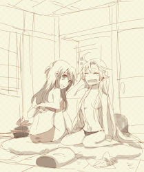 2girls back bare_back bare_shoulders bed bra breasts dressing closed_eyes female_focus fujiwara_no_mokou hat unworn_hat unworn_headwear kamishirasawa_keine lingerie long_hair monochrome multiple_girls navel panties pillow shinoasa sitting sketch touhou underwear underwear_only very_long_hair yawning yuri