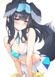Rule 34 | 1girl, animal ears, black hair, blue archive, blue eyes, blush, breasts, cheerleader, crop top, dog ears, dog tail, goggles, goggles on head, halo, hibiki (blue archive), hibiki (cheer squad) (blue archive), highres, holding, holding pom poms, long hair, looking at viewer, medium breasts, parted lips, pleated skirt, pom pom (cheerleading), pom poms, ponytail, simple background, skirt, solo, tail, white background, zarashi