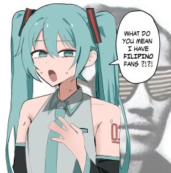 Rule 34 | 1girl, bare shoulders, black sleeves, blue eyes, blue hair, blue necktie, collared shirt, commentary, detached sleeves, english commentary, english text, grey shirt, hand up, hatsune miku, highres, jose rizal, long hair, long sleeves, looking at viewer, mykokampfwagen, necktie, open mouth, real life, shirt, sidelocks, simple background, sleeveless, sleeveless shirt, sweat, twintails, upper body, vocaloid, white background, wide sleeves