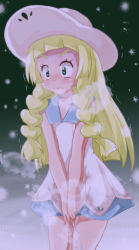 Rule 34 | 1girl, absurdres, between legs, blonde hair, blush, braid, cold, collarbone, creatures (company), dress, embarrassed, game freak, green eyes, hand between legs, hat, have to pee, highres, lillie (pokemon), nintendo, own hands together, peeing, peeing self, pokemon, pokemon sm, shishinon, sleeveless, sleeveless dress, snow, snowing, solo, standing, steam, sun hat, sweat, trembling, twin braids, wet, wet clothes, white dress, white hat