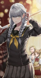 Rule 34 | 3boys, absurdres, adjusting hair, black sailor collar, black shirt, blonde hair, bow, bowtie, braid, brown hair, collarbone, collared shirt, crossdressing, delinquent, earrings, grey eyes, grey skirt, hanamura yousuke, highres, holding, holding sword, holding weapon, hopeful wharf, jewelry, long hair, long sleeves, looking at viewer, low twintails, male focus, miniskirt, multiple boys, narukami yuu, neckerchief, one side up, persona, persona 4, plaid, plaid skirt, pleated skirt, red bow, red bowtie, red skirt, sailor collar, sailor shirt, school uniform, shinai, shirt, short hair, short sleeves, silver hair, skirt, sukeban, sweater, sweater vest, sword, tatsumi kanji, twin braids, twintails, weapon, white shirt, wing collar, yasogami school uniform, yellow neckerchief, yellow sweater