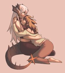 Rule 34 | 2girls, arkiwi, arknights, artist name, barefoot, black pants, black shirt, brown hair, brown pants, closed mouth, commentary, dragon girl, dragon horns, dragon tail, feather hair, from side, full body, hand on another&#039;s back, highres, horns, hug, long hair, multiple girls, pants, pink background, profile, saria (arknights), shirt, silence (arknights), simple background, sitting, sitting on lap, sitting on person, sleeveless, sleeveless shirt, smile, tail, white hair, yuri