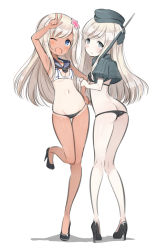 Rule 34 | 10s, 2girls, :o, ;d, adapted costume, arm up, armpits, ass, bare arms, bare legs, bare shoulders, bikini, black bikini, black footwear, black hat, blonde hair, blue eyes, blush, breasts, brown hair, butt crack, cropped jacket, dark-skinned female, dark skin, dual persona, flower, from behind, full body, garrison cap, grey jacket, hair flower, hair ornament, hand gesture, hat, high heels, highres, holding own arm, ichi-jirushi, jacket, kantai collection, kneepits, leg up, long hair, looking back, multiple girls, navel, no legwear, one-piece tan, one eye closed, open mouth, pink flower, puffy short sleeves, puffy sleeves, ro-500 (kancolle), sailor collar, shoes, short sleeves, simple background, small breasts, smile, standing, standing on one leg, stomach, swimsuit, tan, tanline, thigh gap, u-511 (kancolle), v, white background