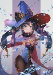 Rule 34 | 1girl, armpit peek, arms up, black gloves, black hair, blue eyes, blue hat, blue leotard, breasts, brown pantyhose, cape, closed mouth, commentary request, cowboy shot, detached sleeves, genshin impact, gloves, gold trim, hanato (seonoaiko), hat, highres, leotard, long hair, long sleeves, looking at viewer, medium breasts, mona (genshin impact), pantyhose, sidelocks, solo, standing, thighs, twintails, water, witch hat