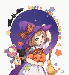 Rule 34 | 1girl, bat (animal), black cat, blue eyes, bow, broom, brown hair, candy, cat, dress, final fantasy, final fantasy xiv, food, halloween, halloween bucket, halloween costume, hand on headwear, happy halloween, hat, highres, holding, jack-o&#039;-lantern, lalafell, lollipop, looking at viewer, peachy michi, pointy ears, purple dress, short hair, solo, stuffed animal, stuffed toy, witch hat