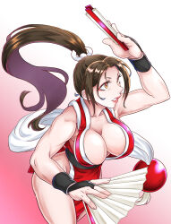 1girl breasts fatal_fury hand_fan large_breasts long_hair paper_fan shiranui_mai solo