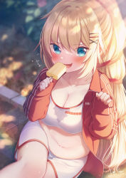 Rule 34 | 1girl, :d, akai haato, blonde hair, blue eyes, blush, breasts, cleavage, clothes writing, commentary request, crop top, day, eating, fang, food, hair between eyes, hair ornament, hair ribbon, hairclip, hands up, highres, holding, holding food, hololive, jacket, large breasts, light particles, long hair, long sleeves, looking at viewer, magowasabi, nail polish, navel, open mouth, outdoors, popsicle, red jacket, red nails, red ribbon, ribbon, shadow, short shorts, shorts, signature, sitting, skin fang, sleeves past wrists, smile, solo, sports bra, stomach, sweat, twitter username, very long hair, virtual youtuber, white shorts, white sports bra, x hair ornament