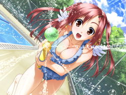 Rule 34 | 1girl, :d, aiming, aiming at viewer, angel wings, barefoot, bikini, breasts, breasts squeezed together, brown eyes, chain-link fence, cleavage, day, dutch angle, fence, frilled bikini, frills, game cg, hair ornament, hairclip, happy, kokoyori haruka -surrounded sea in the world-, large breasts, long hair, minase lin, murakami suigun, open mouth, outdoors, pink hair, pool, poolside, pov, red hair, running, sakurakaze urara, sky, smile, solo, splashing, swimsuit, thigh gap, twintails, two side up, vanishing point, water, water gun, wings