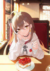 Rule 34 | 1girl, :3, absurdres, ahoge, berry, black choker, brown eyes, brown hair, brown hoodie, cafe, cake, choker, cup, drawing (object), earrings, food, fork, head rest, highres, hololive, hololive english, hood, hoodie, incoming food, jewelry, jiang ye kiri, long hair, looking at viewer, multicolored hair, nail art, nail polish, nanashi mumei, nanashi mumei (casual), necklace, official alternate costume, oversized clothes, picture frame, plant, plate, potted plant, pov, red shirt, runes, shirt, strawberry shortcake, streaked hair, sweater, table, teacup, virtual youtuber, white sweater, window, zipper