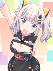 Rule 34 | 1girl, arm up, blue eyes, breasts, cleavage, cleavage cutout, clothing cutout, hair ornament, hairclip, kaguya luna, large breasts, looking at viewer, miso (mimimiso), open mouth, silver hair, solo, the moon studio, twintails, virtual youtuber
