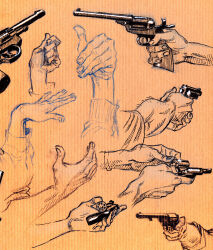 Rule 34 | amandajespersenholm, ammunition, cartridge, clenched hand, cocked hammer, colored lineart, colored pencil (medium), colt single action army, commentary, disembodied limb, english commentary, finger on trigger, fingernails, gun, hand focus, handgun, hatching (texture), holding, holding gun, holding weapon, limited palette, linear hatching, lineart, marker (medium), open cylinder (revolver), original, own hands together, perspective, reloading, revolver, s&amp;w m10, sketch, sleeves past elbows, smith &amp; wesson, snubnosed revolver, traditional media, variations, weapon