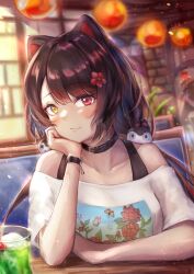Rule 34 | 1girl, absurdres, animal ears, bare shoulders, brown hair, commentary request, cup, drinking glass, ganmenkurei (ani), hand up, highres, indoors, inui toko, long hair, looking at viewer, nijisanji, off-shoulder shirt, off shoulder, red eyes, shirt, short sleeves, smile, solo, upper body, very long hair, virtual youtuber, white shirt, yellow eyes
