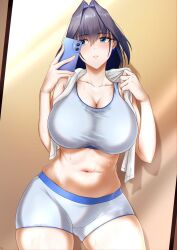 Rule 34 | 1girl, blue eyes, blue hair, blush, bow, bow earrings, breasts, brown background, cellphone, cleavage, collarbone, curvy, dtasu18, earrings, exercising, eyelashes, hair between eyes, hair intakes, holding, holding phone, holding towel, hololive, hololive english, jewelry, large breasts, looking at phone, mirror, navel, ouro kronii, parted lips, phone, reflection, ribbon earrings, short hair, short shorts, shorts, solo, sports bra, stomach, sweat, sweaty clothes, thick thighs, thighs, towel, towel around neck, virtual youtuber, workout clothes