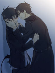 Rule 34 | 2boys, ao no exorcist, blush, brothers, eye contact, incest, looking at another, male focus, multiple boys, okumura rin, okumura yukio, siblings, tagme, yaoi