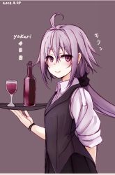 Rule 34 | 1girl, 2018, ahoge, alcohol, alternate hairstyle, bottle, character name, closed mouth, cup, dated, drinking glass, hachikuji, hair between eyes, long hair, looking at viewer, low ponytail, pink eyes, purple background, purple hair, saucer, shirt, smile, solo, vocaloid, voiceroid, white shirt, wine, wine bottle, wine glass, yuzuki yukari