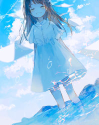 Rule 34 | 1girl, bare legs, blue sky, brown hair, closed eyes, cloud, commentary request, day, dress, highres, irodori warabi, long hair, open mouth, original, outdoors, paper, short sleeves, sky, smile, solo, sundress, wading, water, white dress