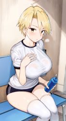 Rule 34 | 1girl, ahoge, bench, black buruma, blonde hair, blurry, bottle, breasts, buruma, check copyright, copyright request, depth of field, greatmosu, gym uniform, hand on own chest, highres, holding, large breasts, looking at viewer, original, parted bangs, parted lips, see-through, shirt, short hair, short sleeves, sitting, solo, sweat, thighhighs, thighs, tomboy, wet, wet clothes, wet shirt, white shirt, white thighhighs, yellow eyes