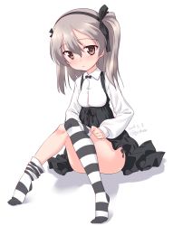 Rule 34 | 1girl, :o, adjusting clothes, adjusting legwear, black bow, black bowtie, black ribbon, black skirt, black thighhighs, blush, bow, bowtie, brown eyes, casual, collared shirt, commentary, dated, full body, girls und panzer, hair ribbon, high-waist skirt, highres, kuzuryuu kennosuke, layered skirt, legs, light blush, light brown hair, long hair, long sleeves, looking at viewer, no shoes, one-hour drawing challenge, one side up, panties, parted lips, ribbon, shadow, shimada arisu, shirt, side-tie panties, simple background, sitting, skirt, solo, striped clothes, striped thighhighs, suspender skirt, suspenders, thighhighs, twitter username, underwear, white background, white shirt