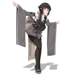 Rule 34 | 1girl, absurdres, bad id, bad pixiv id, bare shoulders, black hair, black pantyhose, brown eyes, brown footwear, closed mouth, commentary, detached sleeves, english commentary, facial mark, full body, grey kimono, grey sleeves, hair flaps, hair ribbon, highres, japanese clothes, kimono, long hair, long sleeves, looking at viewer, magazine (weapon), original, pantyhose, platform clogs, red ribbon, ribbon, sandals, shadow, short kimono, sidelocks, sleeveless, sleeveless kimono, sleeves past wrists, solo, standing, twitter username, vectorek, white background, wide sleeves, zouri