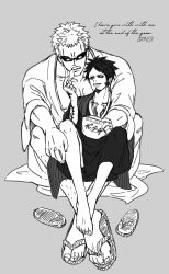 Rule 34 | 2019, 2boys, absurdres, arm tattoo, cheese neko3, chest tattoo, chips (food), donquixote doflamingo, earrings, english text, facial hair, feet, food, full body, goatee, hand tattoo, height difference, highres, holding, japanese clothes, jewelry, kimono, leg hair, male focus, monochrome, multiple boys, muscular, muscular male, one piece, potato chips, sandals, short hair, sitting, sitting on person, sunglasses, tattoo, trafalgar law, wide sleeves, yaoi