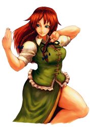 Rule 34 | 1girl, blue eyes, braid, breasts, china dress, chinese clothes, dress, female focus, fighting stance, graphite (medium), highres, hong meiling, long hair, mixed media, no headwear, no headwear, red hair, solo, terrajin, thighs, touhou, traditional media, twin braids