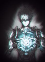 Rule 34 | 1boy, black sclera, chromatic aberration, collarbone, colored sclera, cyborg, genos, glowing, haze00, holding, long neck, male focus, one-punch man, solo