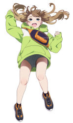 Rule 34 | 1girl, :d, arm up, black footwear, blue eyes, blush, brown hair, fanny pack, full body, green hoodie, grey shorts, hand up, hood, hood down, hoodie, long hair, long sleeves, mattaku mousuke, open mouth, original, pinching sleeves, shoes, short shorts, shorts, simple background, sleeves past wrists, smile, solo, teeth, twintails, twitter username, upper teeth only, white background