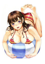 Rule 34 | 1girl, :d, ass, ball, barefoot, beachball, bikini, blush, braid, breasts, brown hair, cleavage, colored stripes, covered erect nipples, earrings, feet, feet together, full body, hamashima shigeo, heart, heart earrings, highres, jewelry, large breasts, legs up, looking at viewer, lying, on stomach, open mouth, original, purple eyes, red bikini, shiny skin, side braid, simple background, smile, solo, striped bikini, striped clothes, swimsuit, the pose, white background