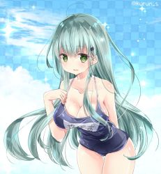 Rule 34 | 1girl, blush, breasts, green eyes, green hair, hair between eyes, hair ornament, hairclip, kantai collection, kurun (kurun777), large breasts, long hair, looking at viewer, one-hour drawing challenge, one-piece swimsuit, open mouth, school swimsuit, solo, suzuya (kancolle), swimsuit, twitter username, very long hair