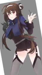 Rule 34 | 1girl, absurdres, ahoge, asymmetrical sleeves, belt pouch, black gloves, black leotard, blue jacket, breasts, brown hair, contrapposto, cowboy shot, cropped jacket, dutch angle, explosive, eyelashes, folded hair, garter straps, girls&#039; frontline, gloves, grenade, grenade pin, grey background, grey thighhighs, hair ribbon, hands up, highres, holding, holding grenade, jacket, large breasts, leotard, light smile, looking at viewer, mechanical arms, nabiyan, navel, pouch, red eyes, ribbon, short hair with long locks, simple background, single mechanical arm, solo, thighhighs, thighs, type 79 (girls&#039; frontline), white ribbon, ||/