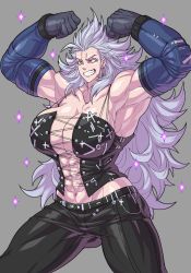 Rule 34 | 1girl, abs, absurdres, armpits, belt, black pants, breasts, cleavage, corset, dorohedoro, earrings, elbow gloves, furrowed brow, gloves, grin, highres, hutago, jewelry, large breasts, long hair, muscular, muscular female, noi (dorohedoro), pants, red eyes, simple background, smile, sparkle, white hair
