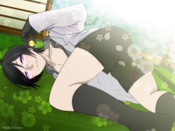 Rule 34 | 10s, 1boy, from behind, glasses, gloves, kneehighs, lab coat, looking back, male focus, open clothes, open shirt, purple eyes, shirt, shorts, smile, socks, solo, touken ranbu, yagen toushirou