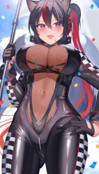 Rule 34 | 1girl, :d, absurdres, amahara subaru, black bodysuit, black gloves, black hair, blue sky, blush, bodysuit, breasts, checkered clothes, commentary request, covered navel, day, fang, flag, gloves, highres, holding, holding flag, large breasts, long hair, multicolored hair, open mouth, original, outdoors, ponytail, race queen, red eyes, red hair, sky, smile, solo, standing, streaked hair, tail, two-tone hair, very long hair