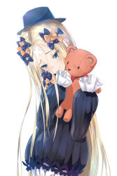 Rule 34 | 1girl, abigail williams (fate), black bow, black dress, black hat, blonde hair, bloomers, blue eyes, blush, bow, closed mouth, dress, fate/grand order, fate (series), forehead, hair bow, hat, highres, holding, holding stuffed toy, long hair, long sleeves, looking down, orange bow, parted bangs, polka dot, polka dot bow, ribbed dress, sakazakinchan, simple background, sleeves past fingers, sleeves past wrists, solo, stuffed animal, stuffed toy, teddy bear, underwear, white background, white bloomers