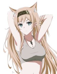 Rule 34 | 1girl, animal ears, arknights, armpits, arms up, bare arms, bare shoulders, black hairband, blonde hair, breasts, cleavage, commentary, crop top, grey eyes, hairband, highres, horn (arknights), large breasts, long hair, looking at viewer, midriff, navel, simple background, solo, stomach, thundradrawings, upper body, very long hair, white background, wolf ears