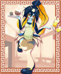 Rule 34 | 1girl, alcohol, apron, blue skin, blush, bowl, colored sclera, colored skin, cup, female focus, fish girl, mary janes, minette (skullgirls), monster girl, mug, multicolored eyes, open mouth, pink eyes, rice, scales, shell, shoes, skullgirls, solo, thighhighs, waitress, wavy mouth, white thighhighs, yae (snosui7), yellow sclera